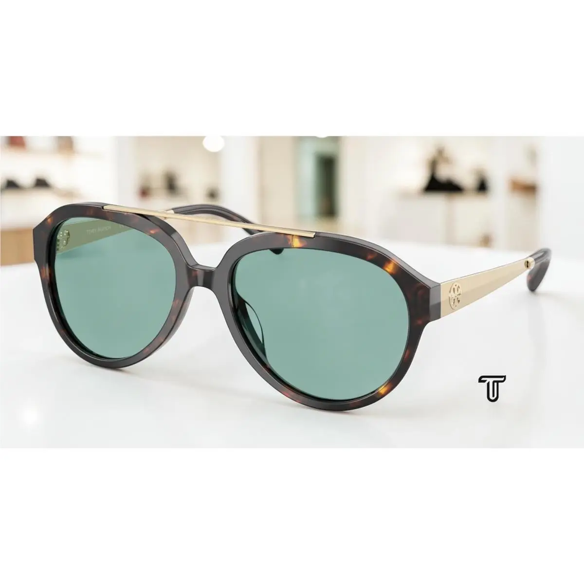 Tory Burch TY7230U 198182 Brown Tortoise Petrol Green 56 mm Women`s Sunglasses