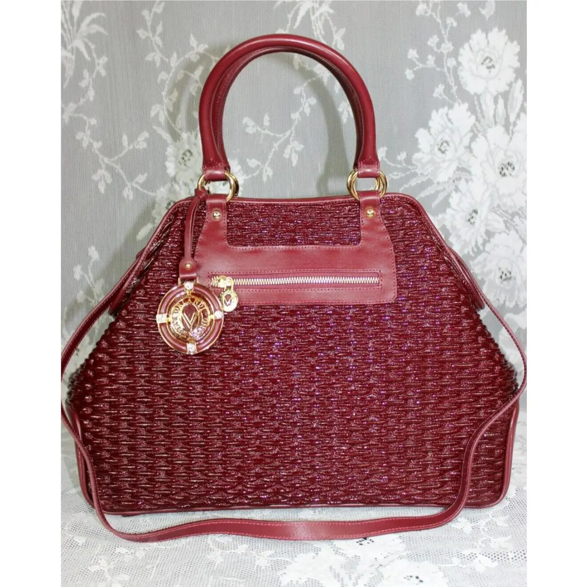 Valentino Orlandi Italian Woven Embossed Burgundy Leather Handbag Purse