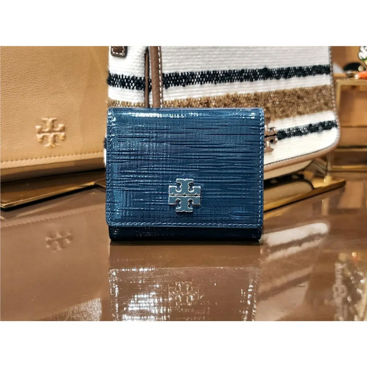 Tory Burch Britten Textured Patent Leather Tri-fold Compact Wallet 175830