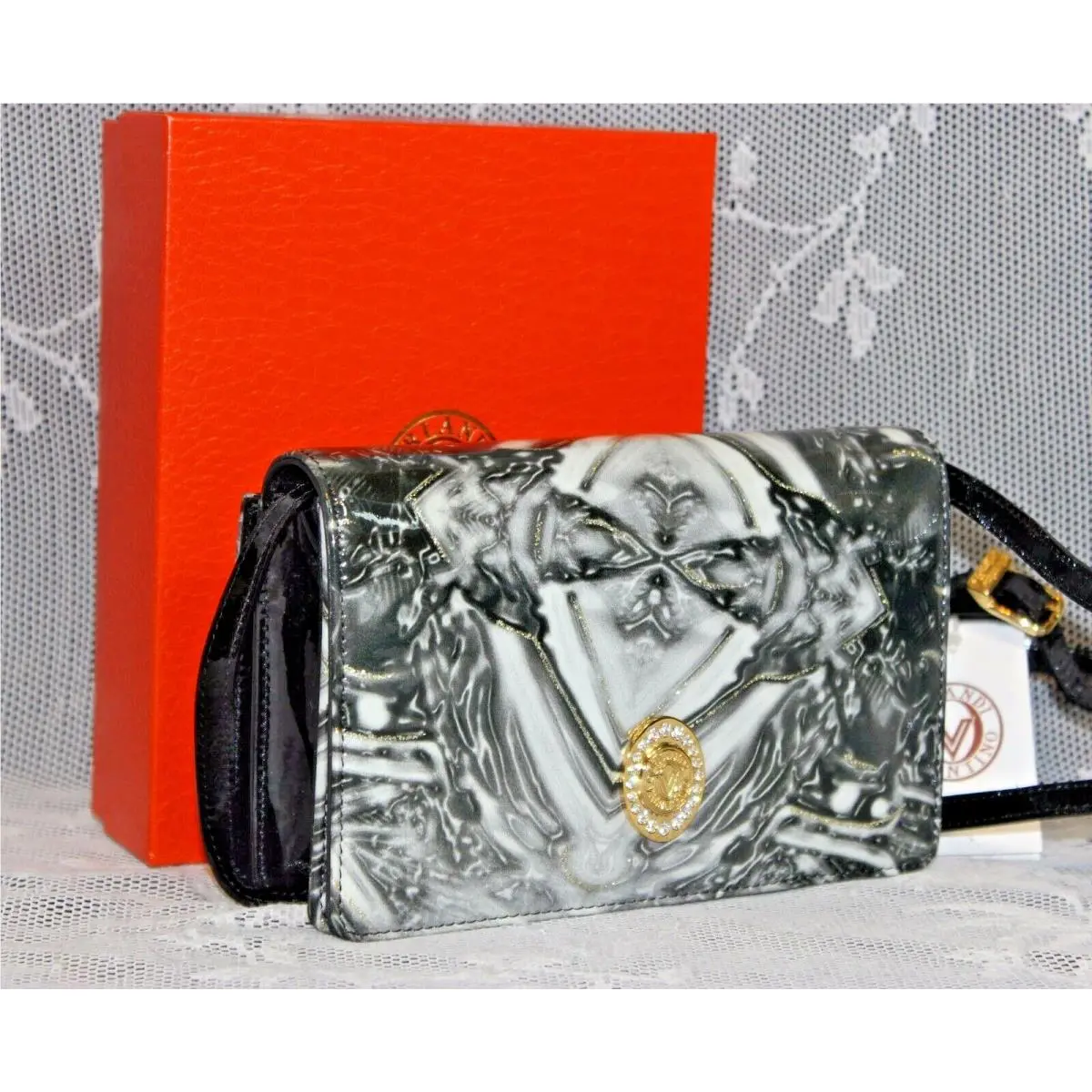Valentino Orlandi Italian Patent Leather Swarvoski Elements Sm. Messenger