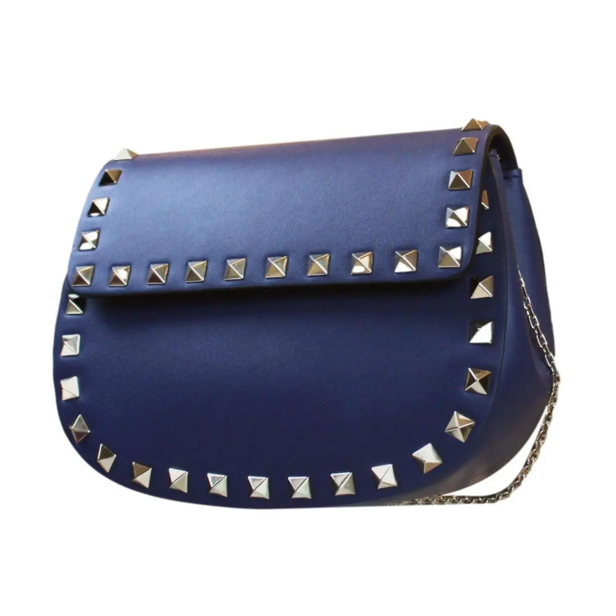 Valentino Garavani Rockstud Blue Leather Small Chain Crossbody Bag - Handle/Strap: Silver, Hardware: Silver, Exterior: Blue