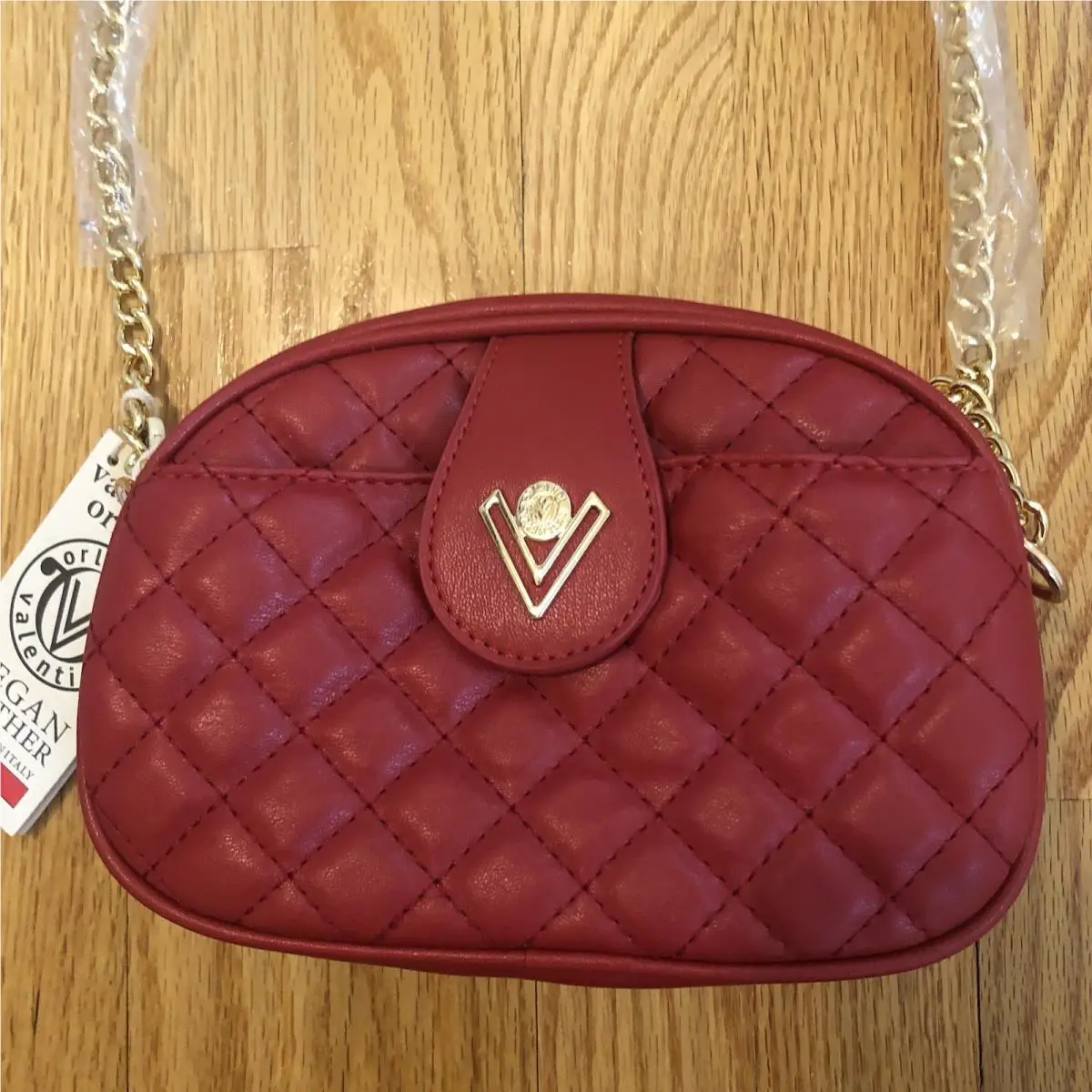 Valentino Orlandi Crossbody Red Quilted Gold Hardware Chain Strap Pockets