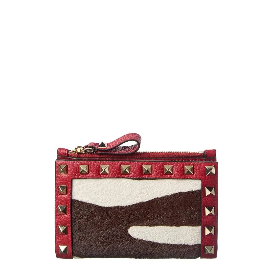 Valentino Rockstud Leather Haircalf Card Case Women`s Red