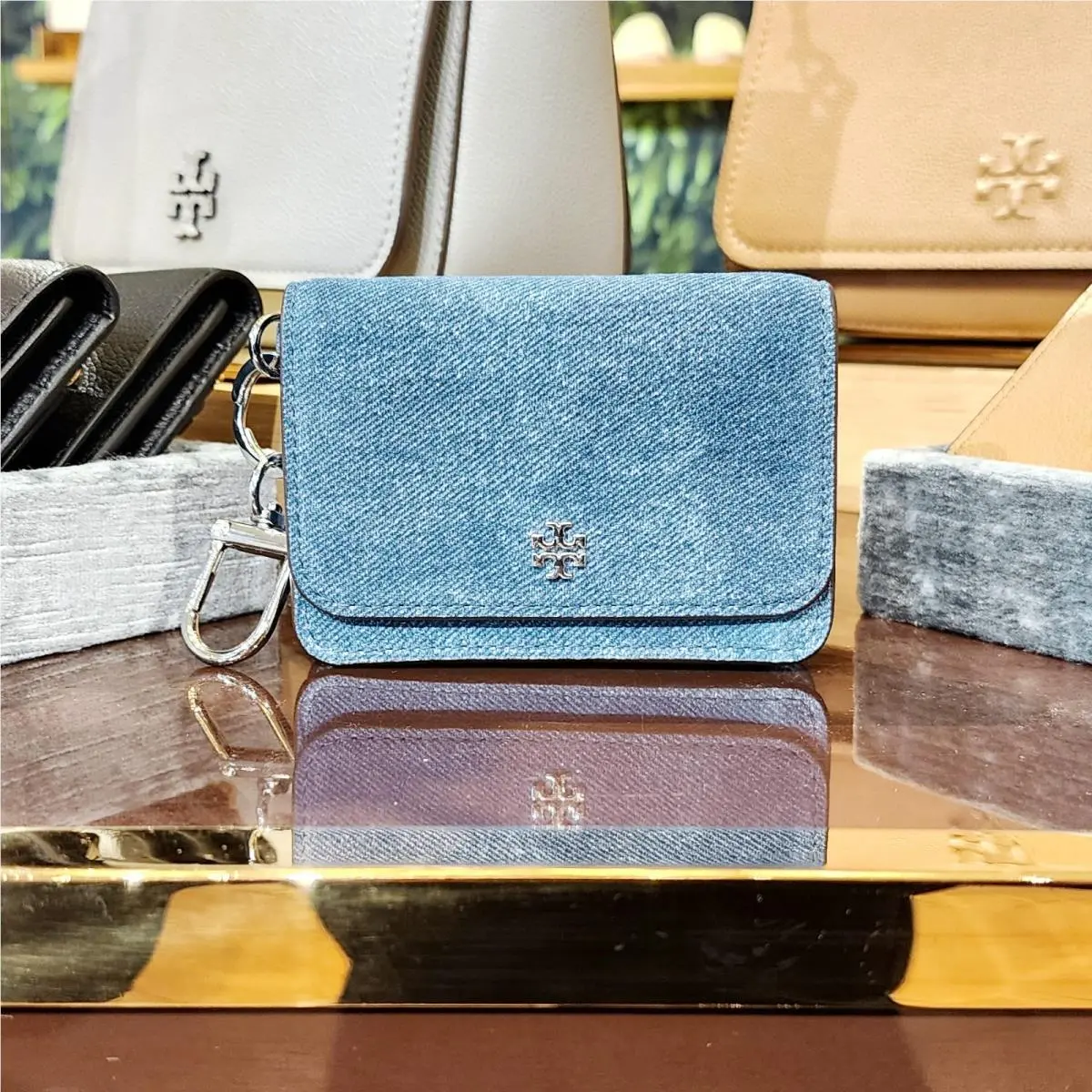 Tory Burch Denim Suede Flap Card Case Key Ring Coin Pouch Wallet 181944