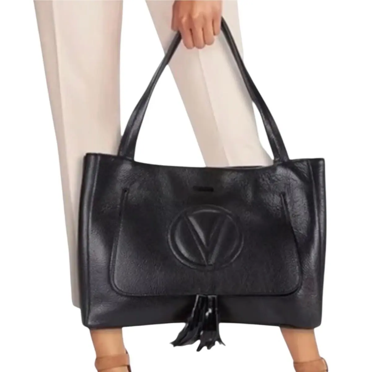 Valentino by Mario Valentino Black Pebbled Leather Tote Bag Embossed Logo Tassel