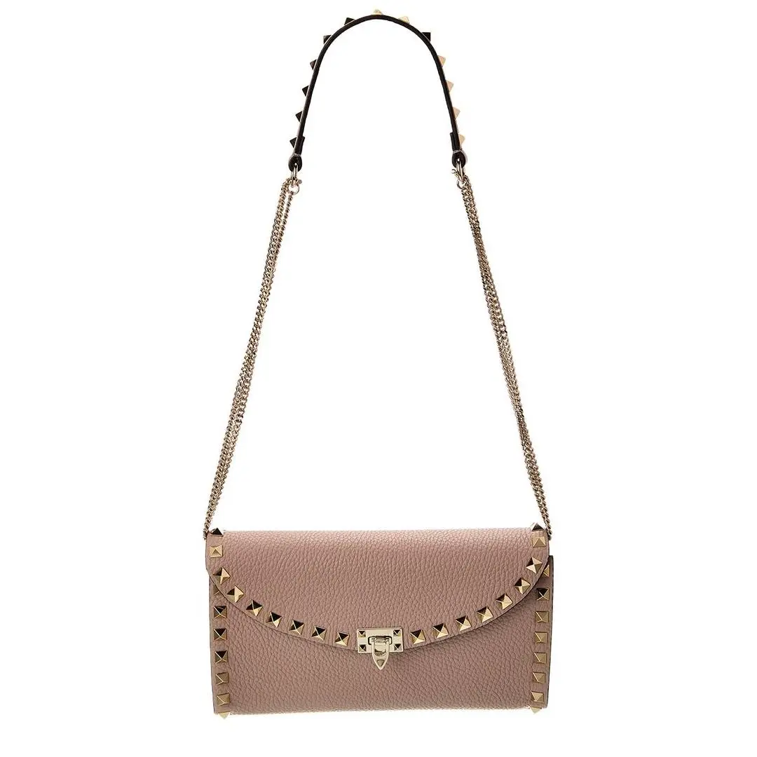 Valentino Rockstud Grainy Leather Wallet On Chain Women`s Pink