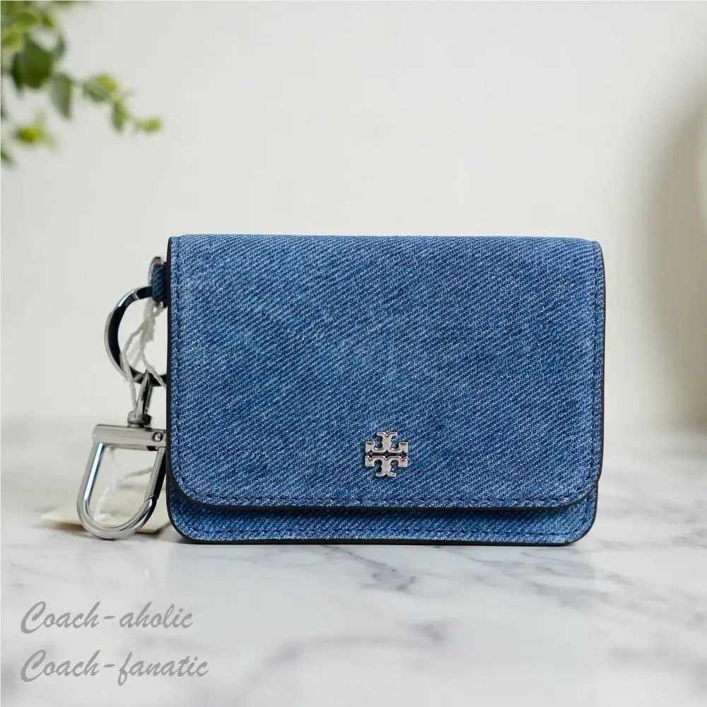 Tory Burch Emerson Denim Suede Flap Card Case in Dark Denim
