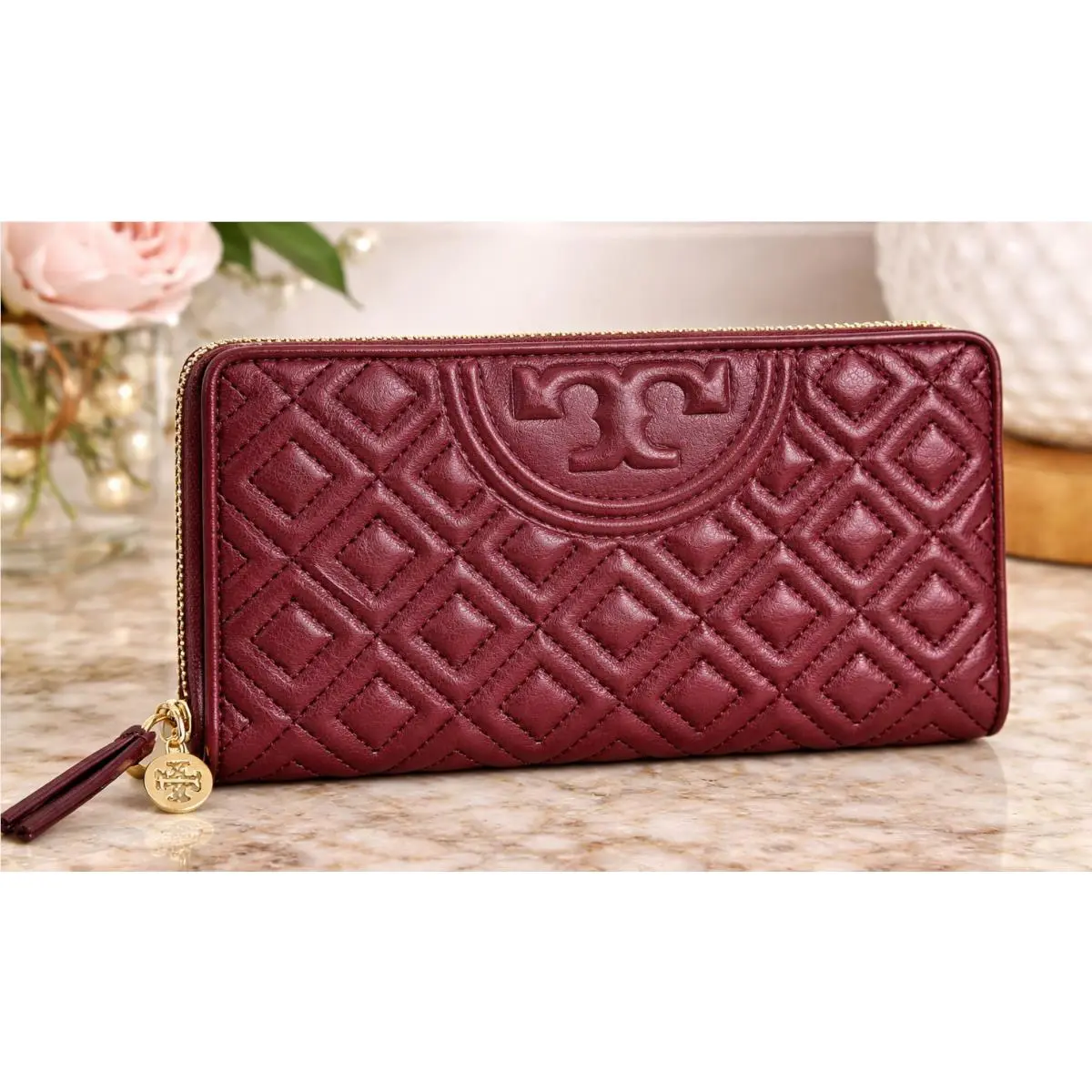 Tory Burch Fleming Quilted Leather Continental Zip Wallet Claret Red