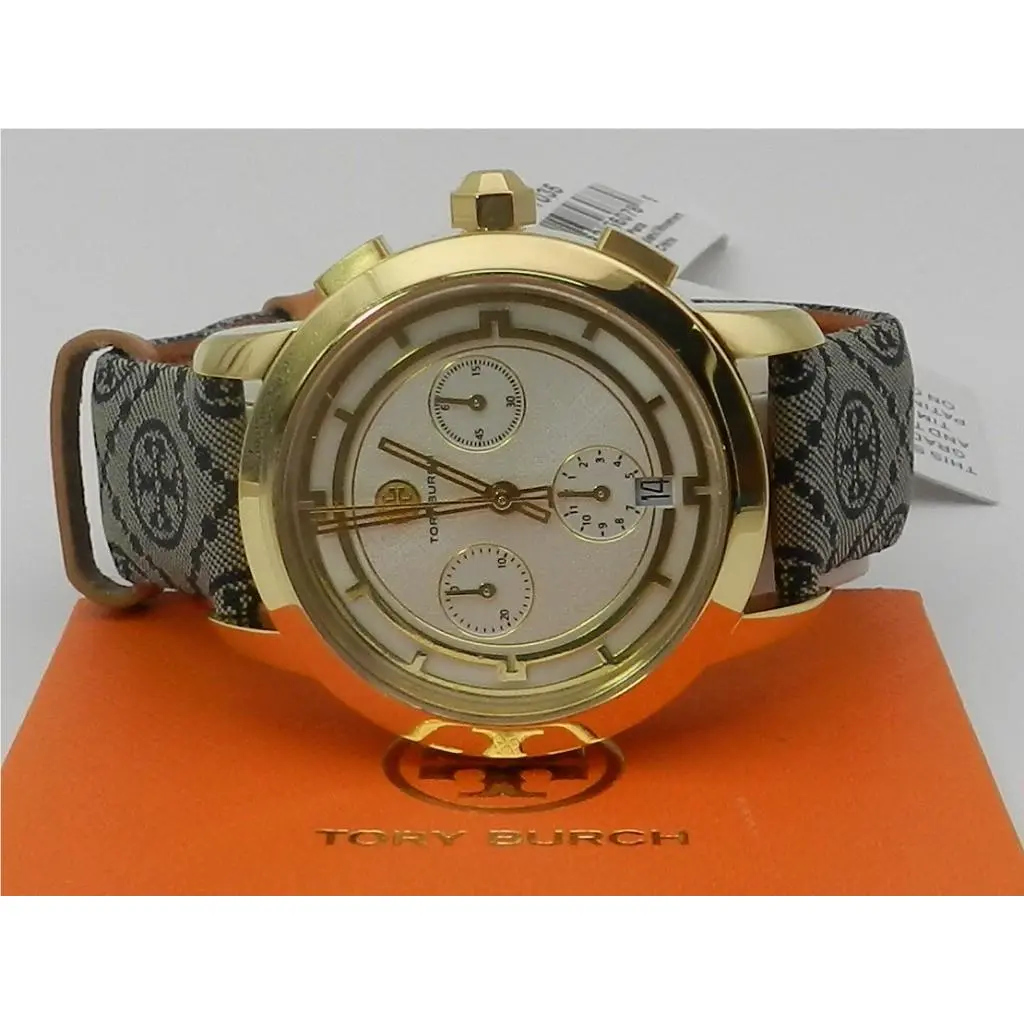 Tory Burch Women`s Chronograph The Tory Blue Fabric Luggage Leather Watch