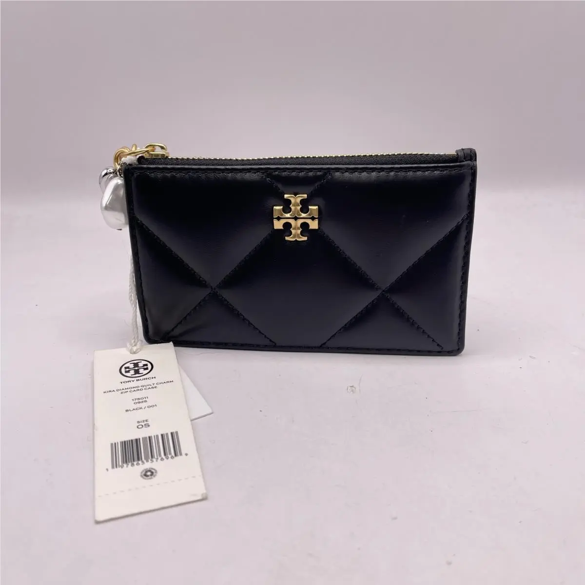 Tory Burch Womens Kira Diamond Quilt Charm Zip Card Case Leather Black