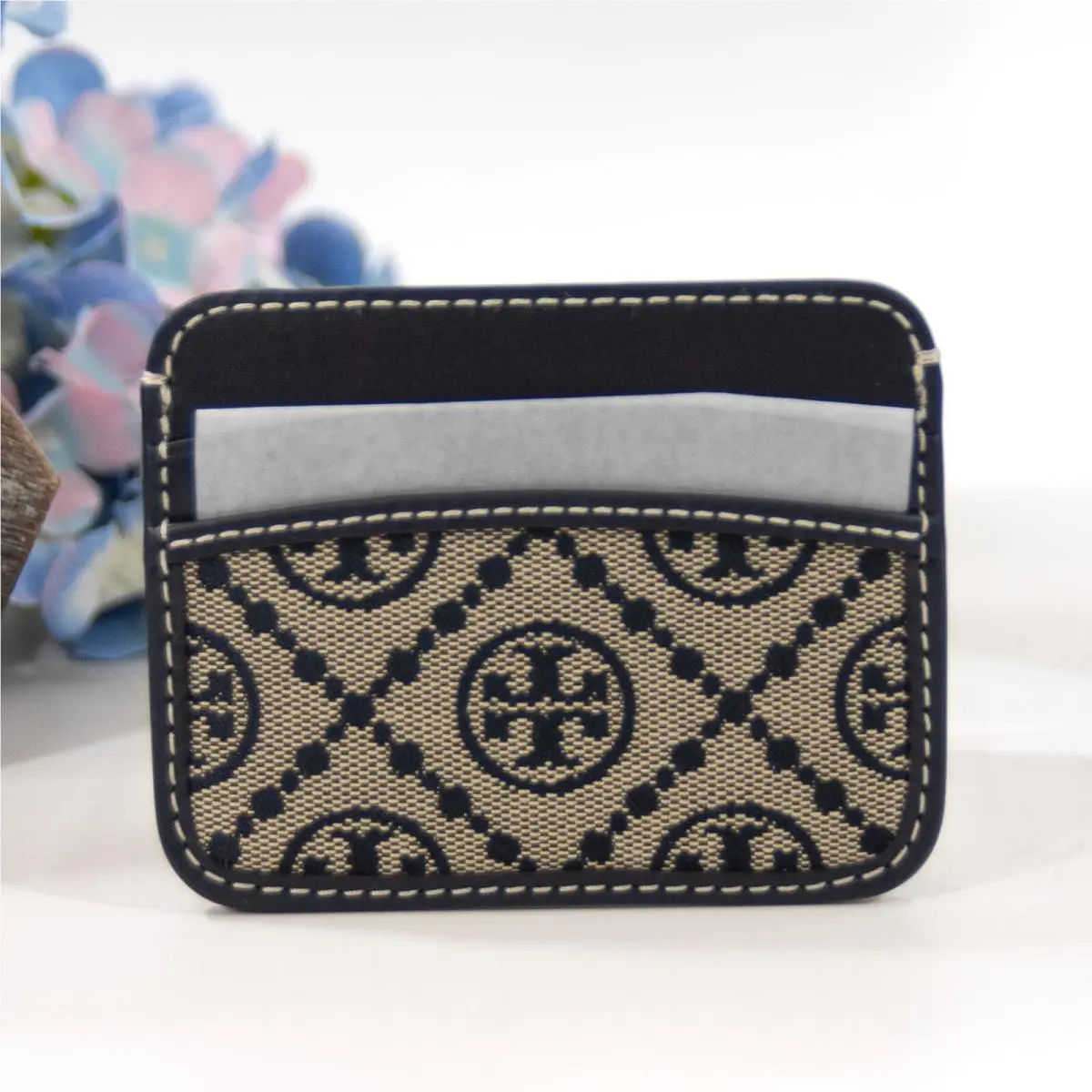 Tory Burch Navy T Monogram Jacquard Logo Card Case Mini Wallet