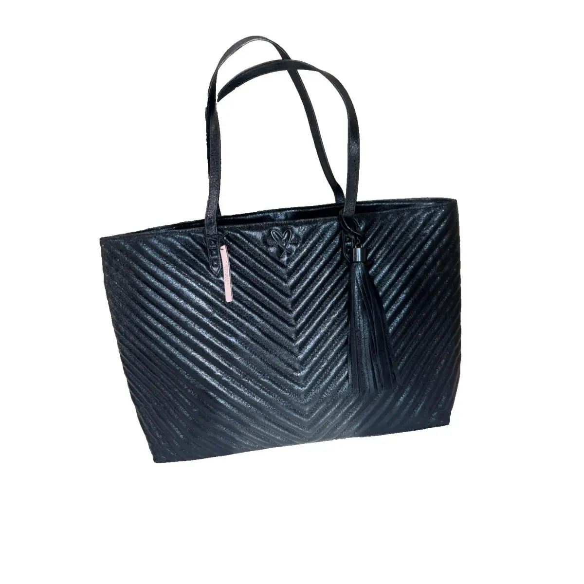 Victoria`s Secret Black Tote Bag Purse Hand Bag Large V-quilt