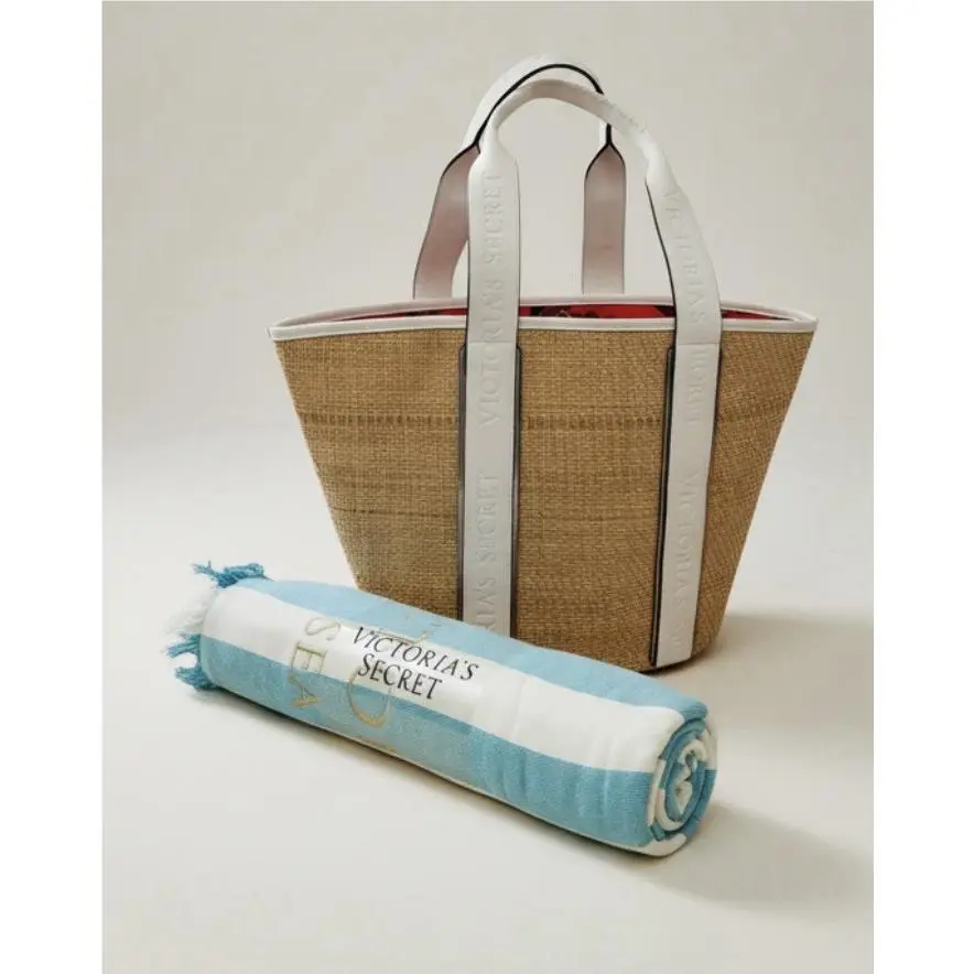 Victoria’s Secret Straw Large Tote Beach Bag Cabana Beach Pool Towel Luxe Set