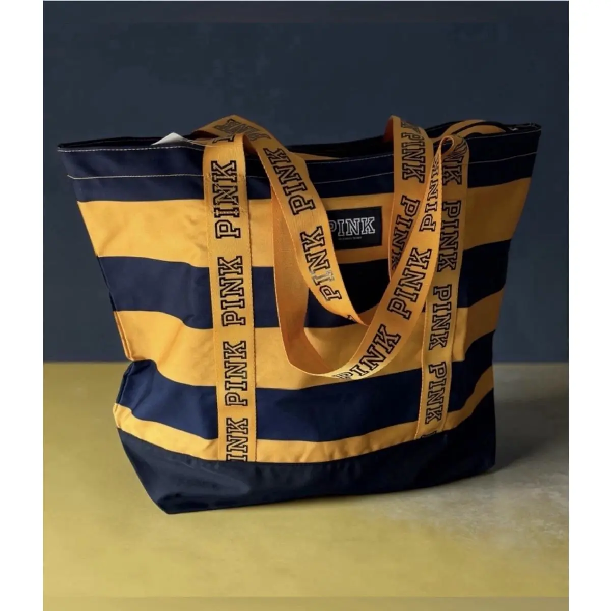 Victoria’s Secret Pink Large Tote Bag Weekender Zipper Striped Blue Yellow