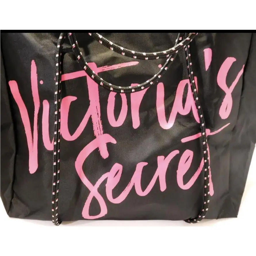 Victoria’s Secret Black Tote Shopping Bag with Pink Writing 25.5 L x 9 W x 14 H