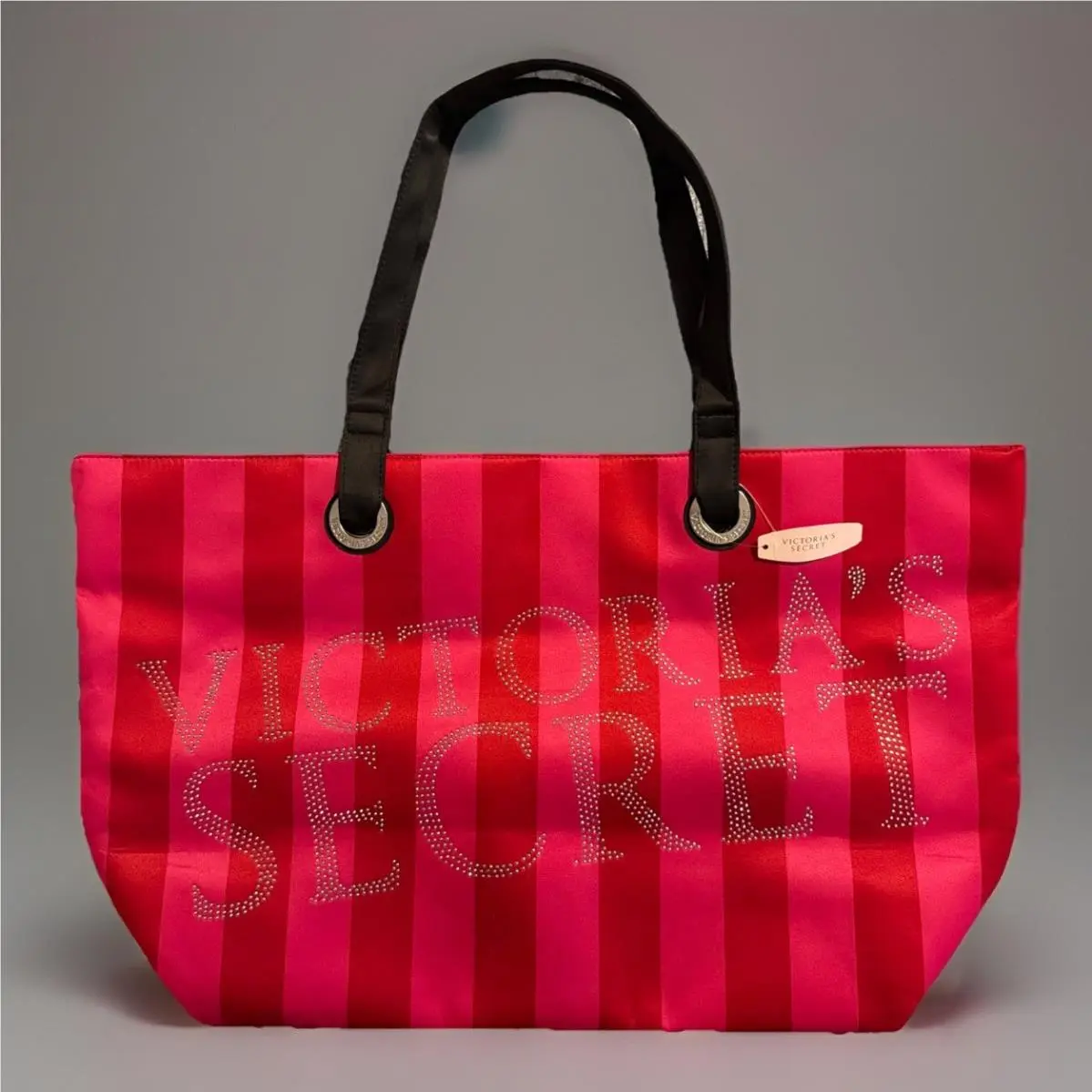 Victoria’s Secret Pink Striped Tote Bag with Rhinestones Black Strap Handles