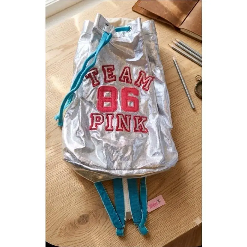 Victoria`s Secret Pink Silver Metallic Team 86 Drawstring Backpack Rare