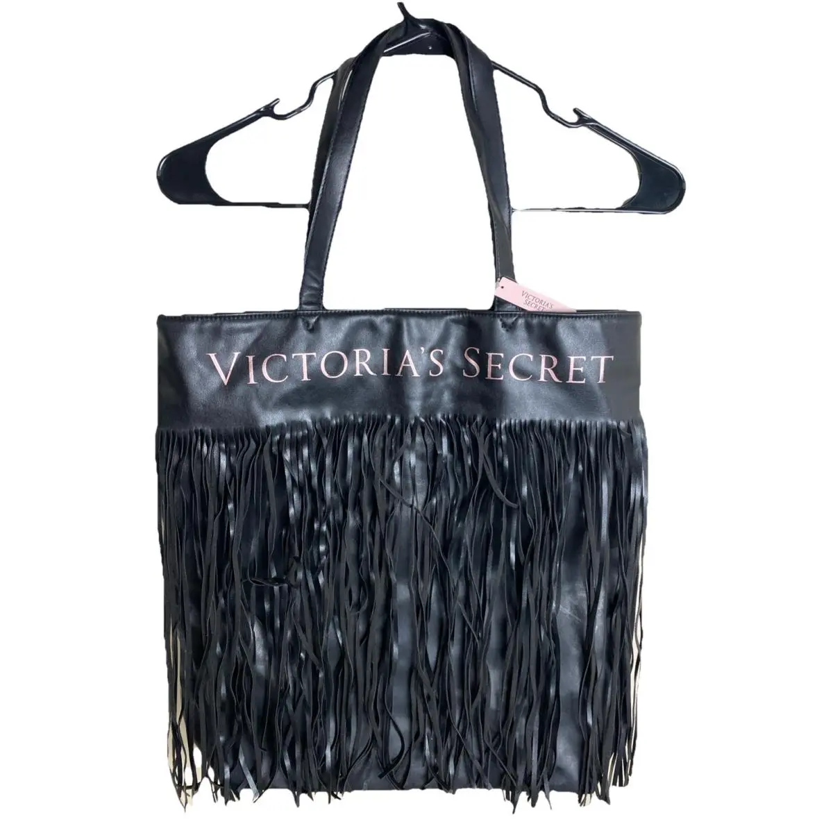 Victorias Secret Tote Bag Black Leather Fringe Boho Western Festival Purse
