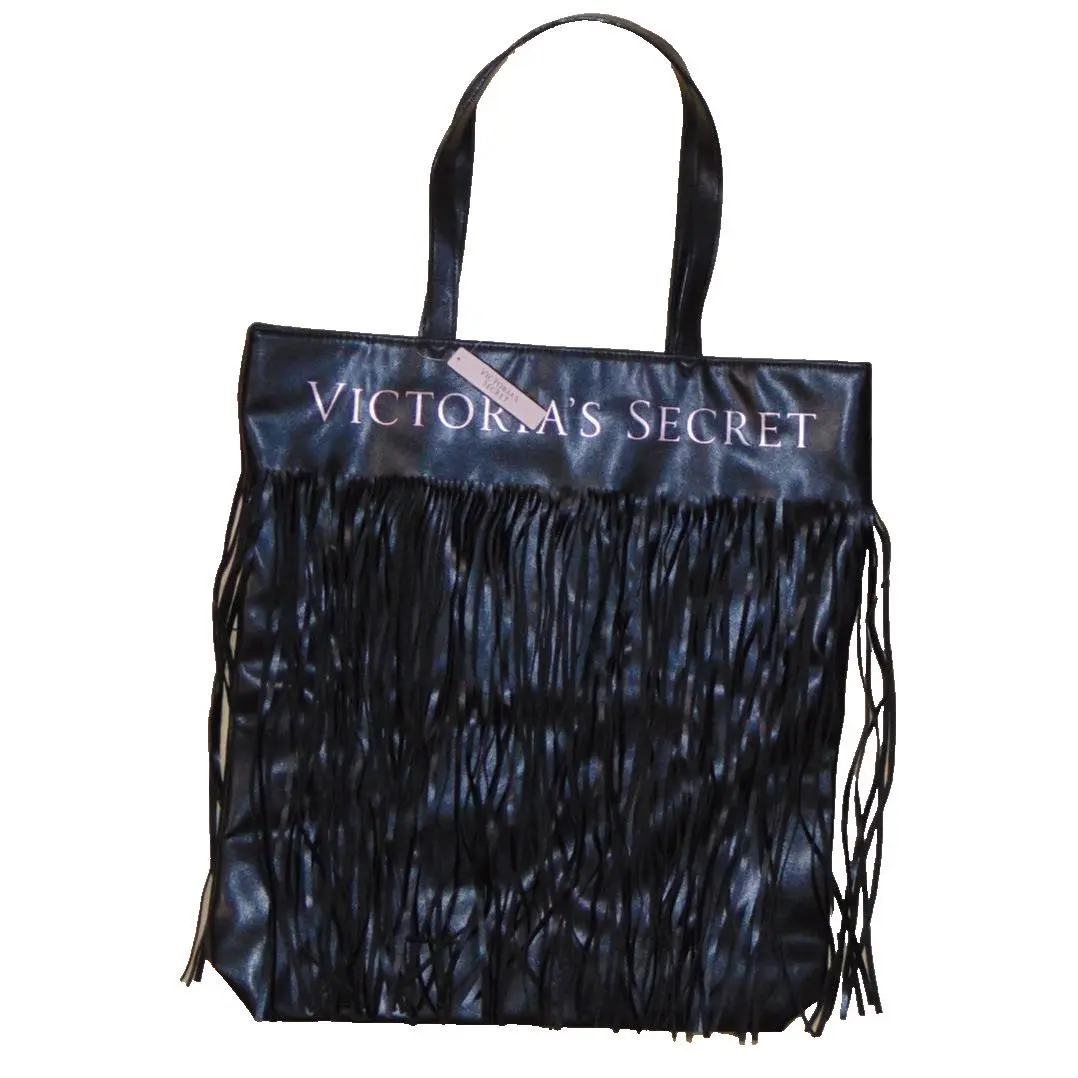 Victoria`s Secret Black Fringe Tote Bag Leather Rose Gold Logo