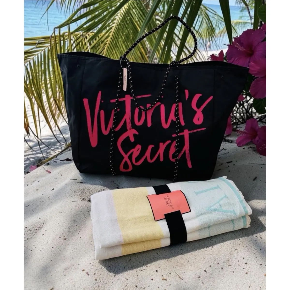 Victoria’s Secret Large Tote Beach Bag Colorful Striped Beach Pool Towel