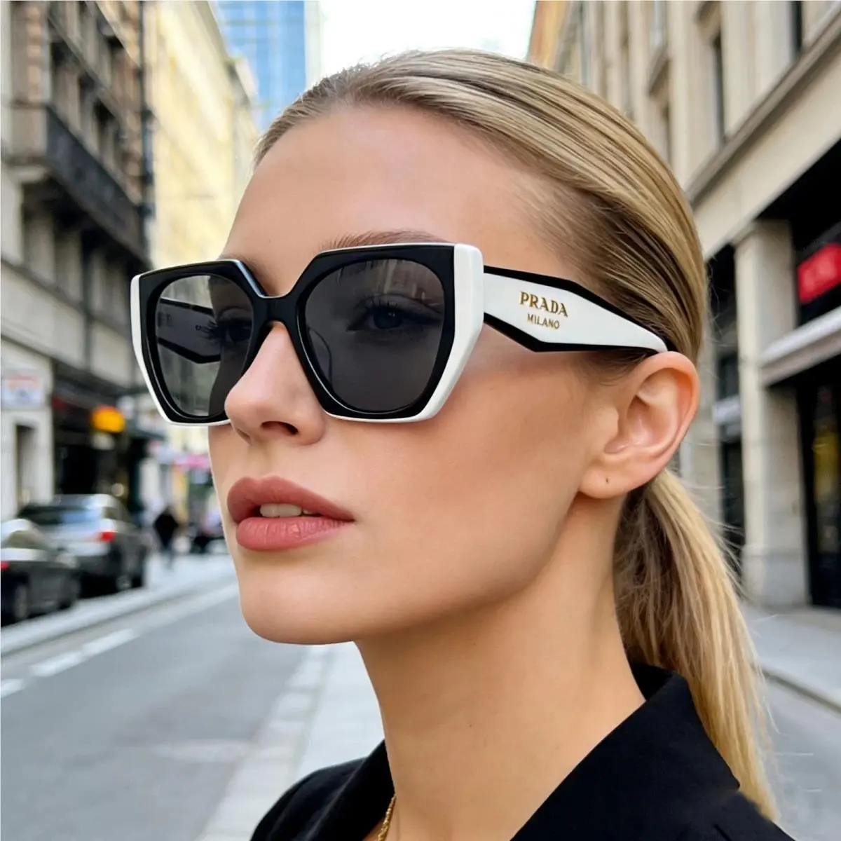 Prada PR 15WS Oversize Square Sunglasses Women Black White Frame UV400