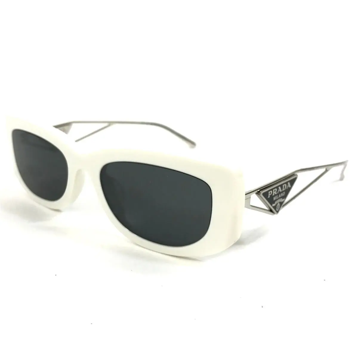 Prada Sunglasses SPR14Y 142-5S0 White Silver Square Frames with Dark Gray Lenses