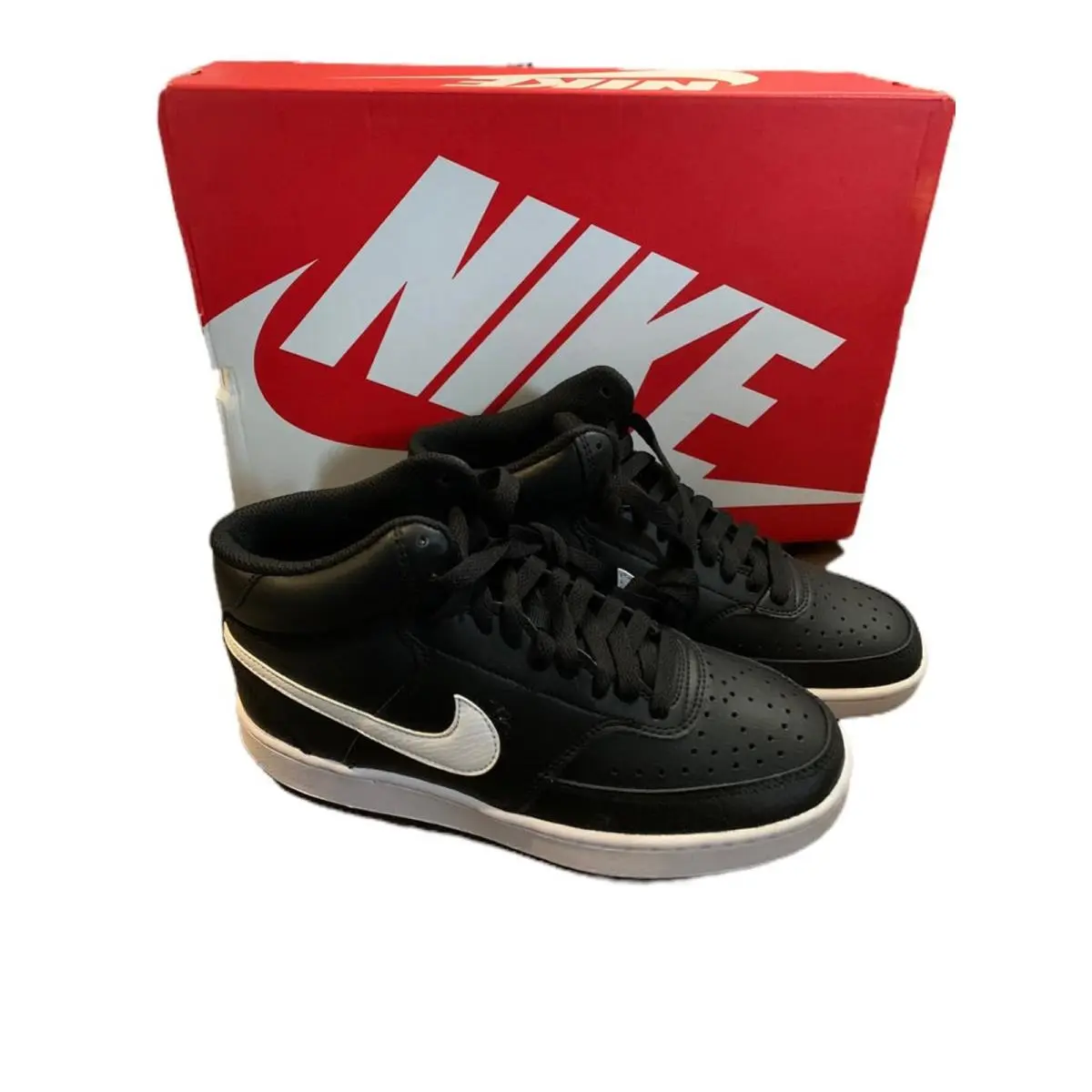 7M Nike Womens Court Vision Black White Leather Mid Sneaker CD5436-001