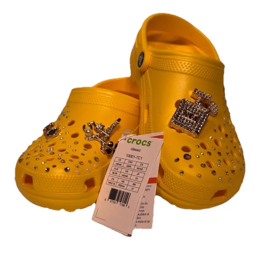 Crocs Classic Clogs Lemon Yellow Mens 6 Womens 8 Rhinestone Bling