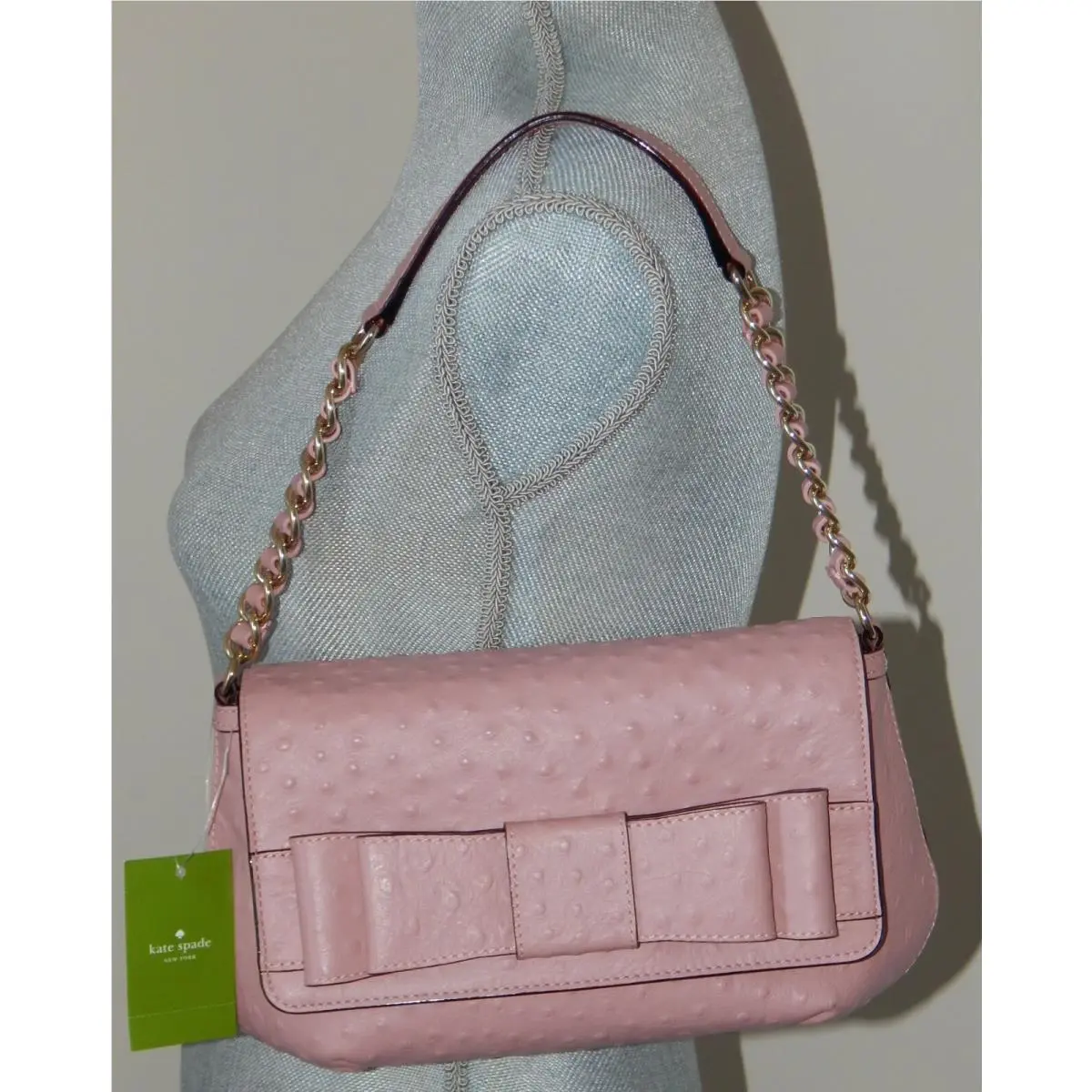 Kate Spade Joleen Charm City Ostrich Leather Flap Bow Rose Shoulder Bag