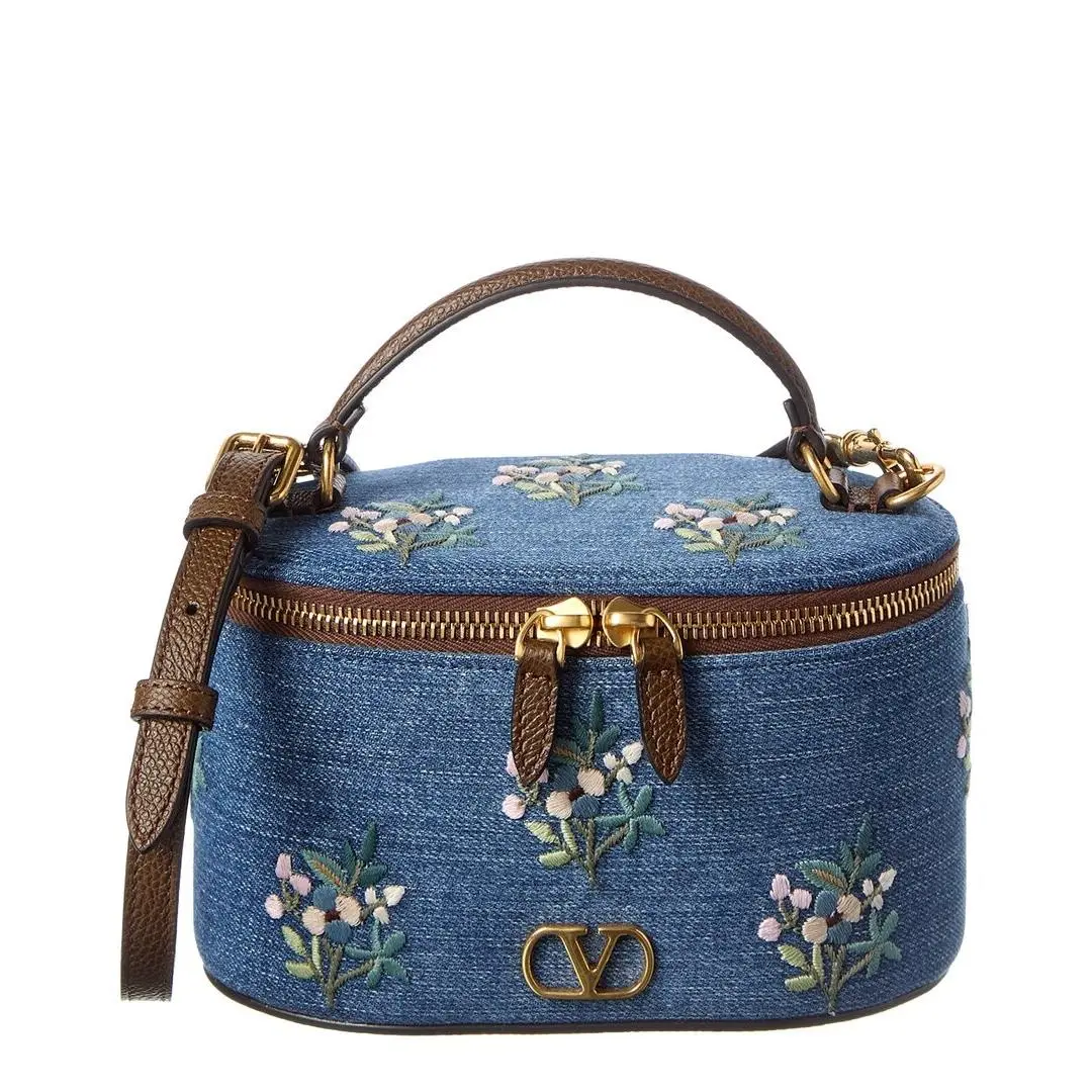 Valentino Rockstud Denim Leather Cosmetic Case Women`s Brown