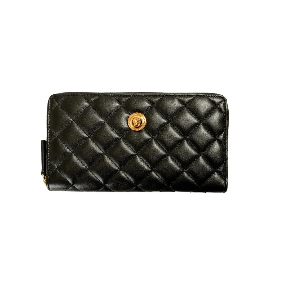 Versace Black Quilted Leather Gold Medusa Zip Around Wallet