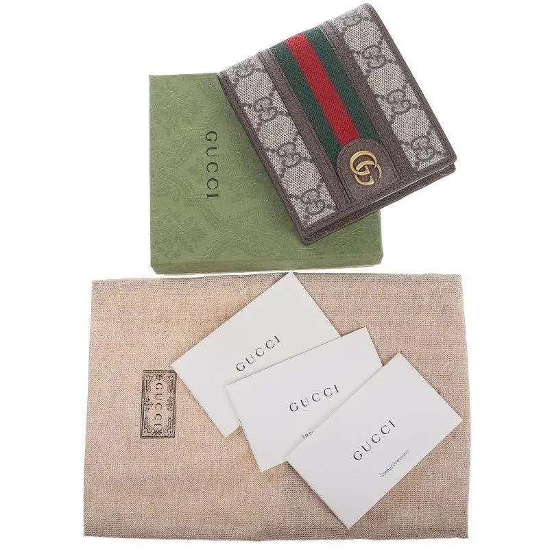 Gucci Ophidia GG Supreme Beige Brown Web Detail Bifold Wallet W/box