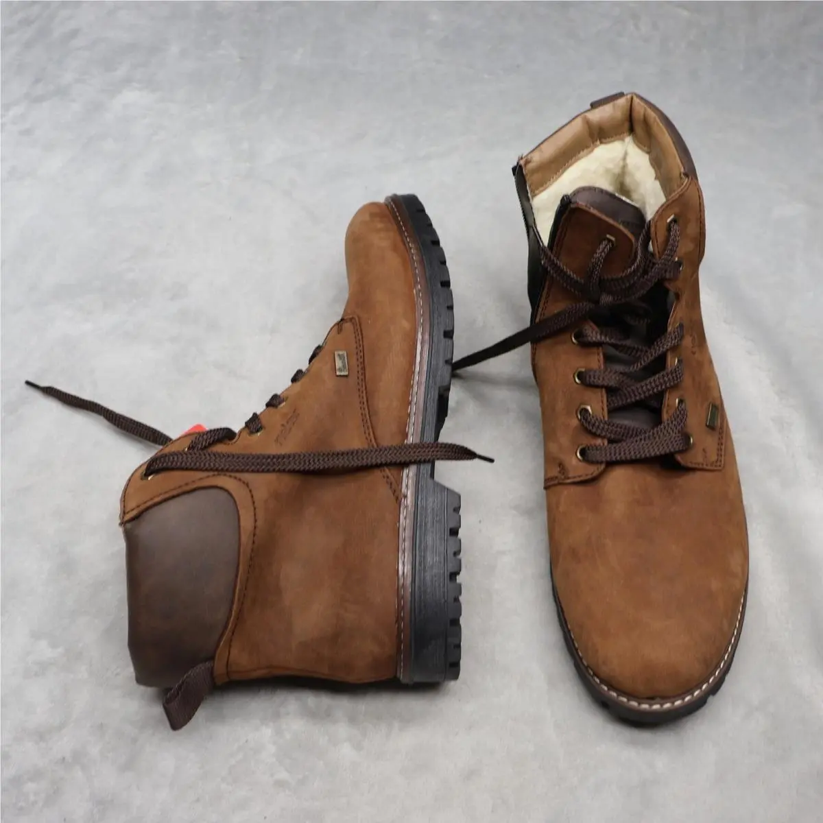 Rieker Mens 10.5 EU44 Boots Brown Leather Fur Lined Side Zip Rugged