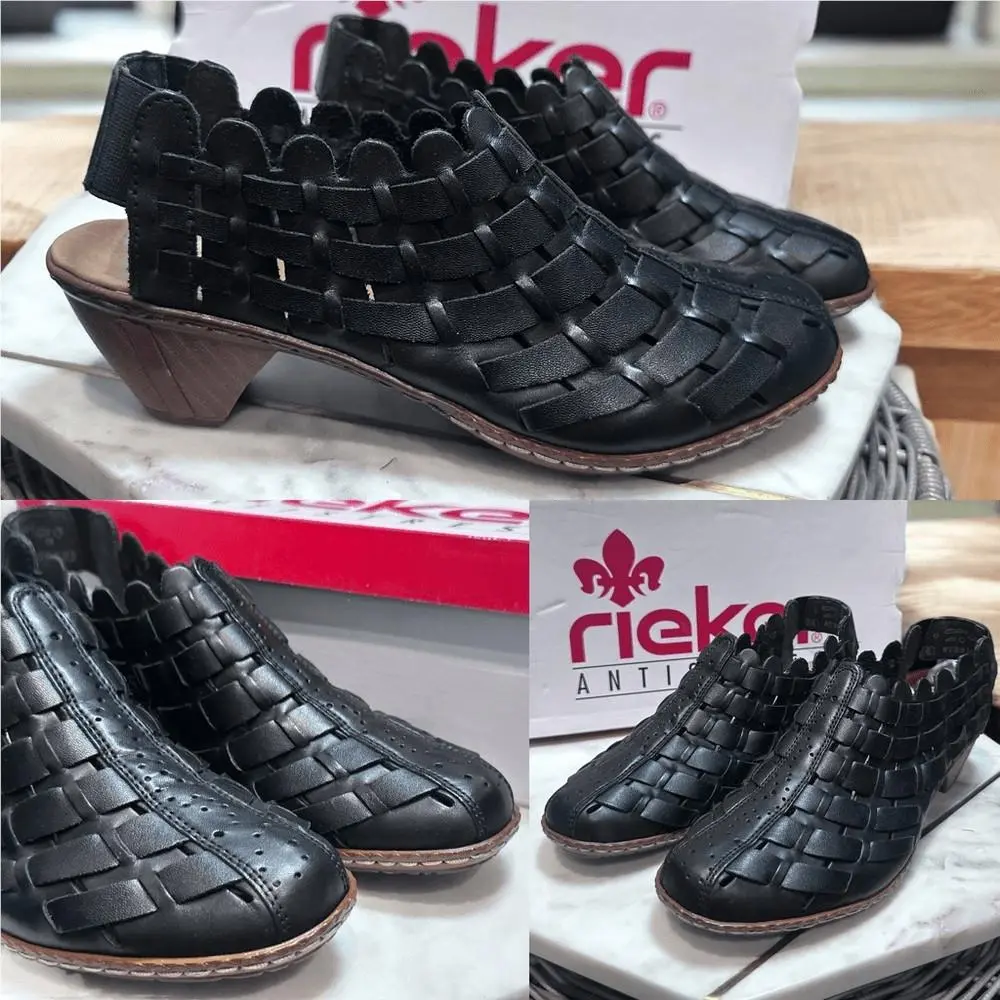 Rieker Sina Leather Woven Slingback Black Womens Size 5 EU 36