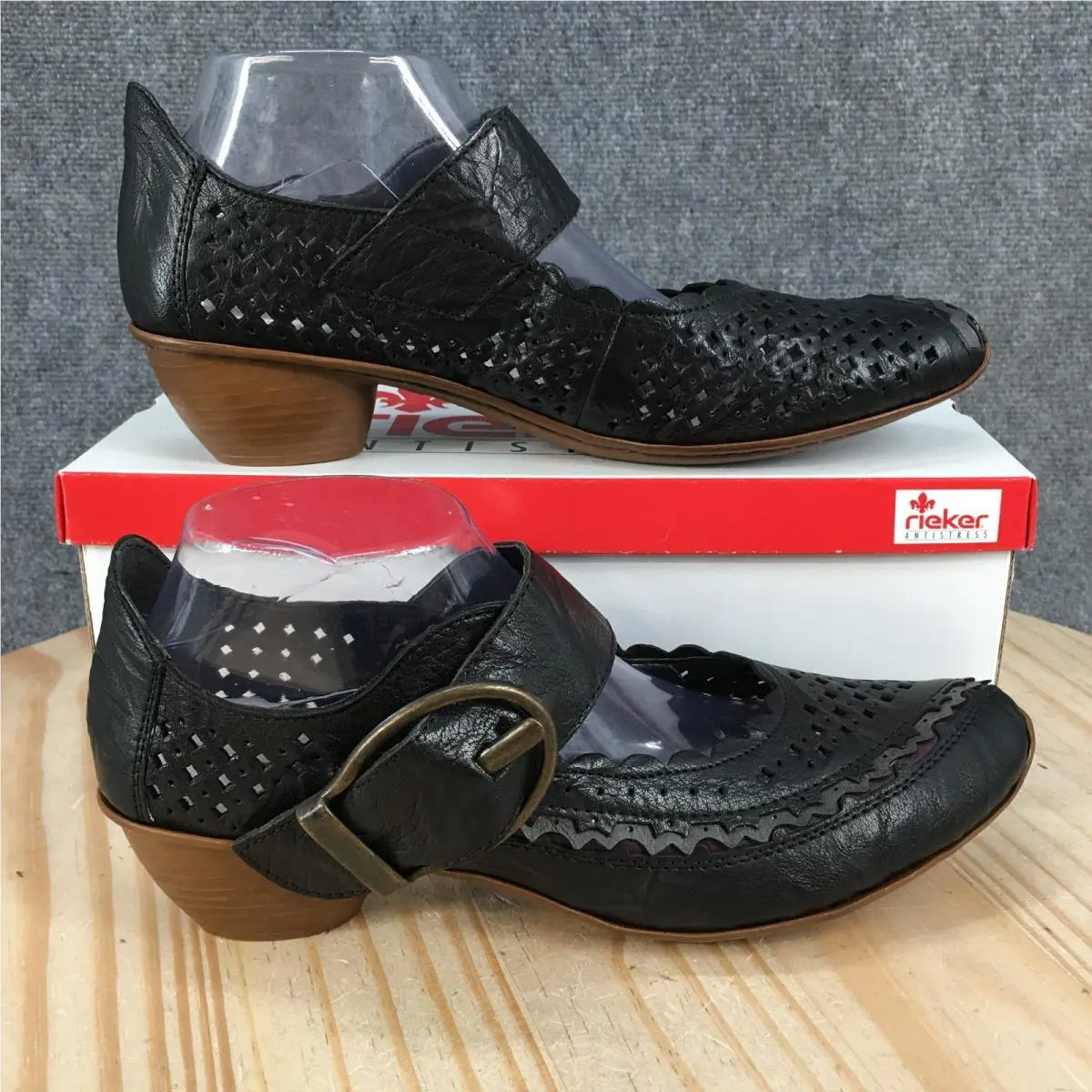 Rieker Antistress Shoes Womens 42 Mirjam Perforated Heeled Mary Jane Black