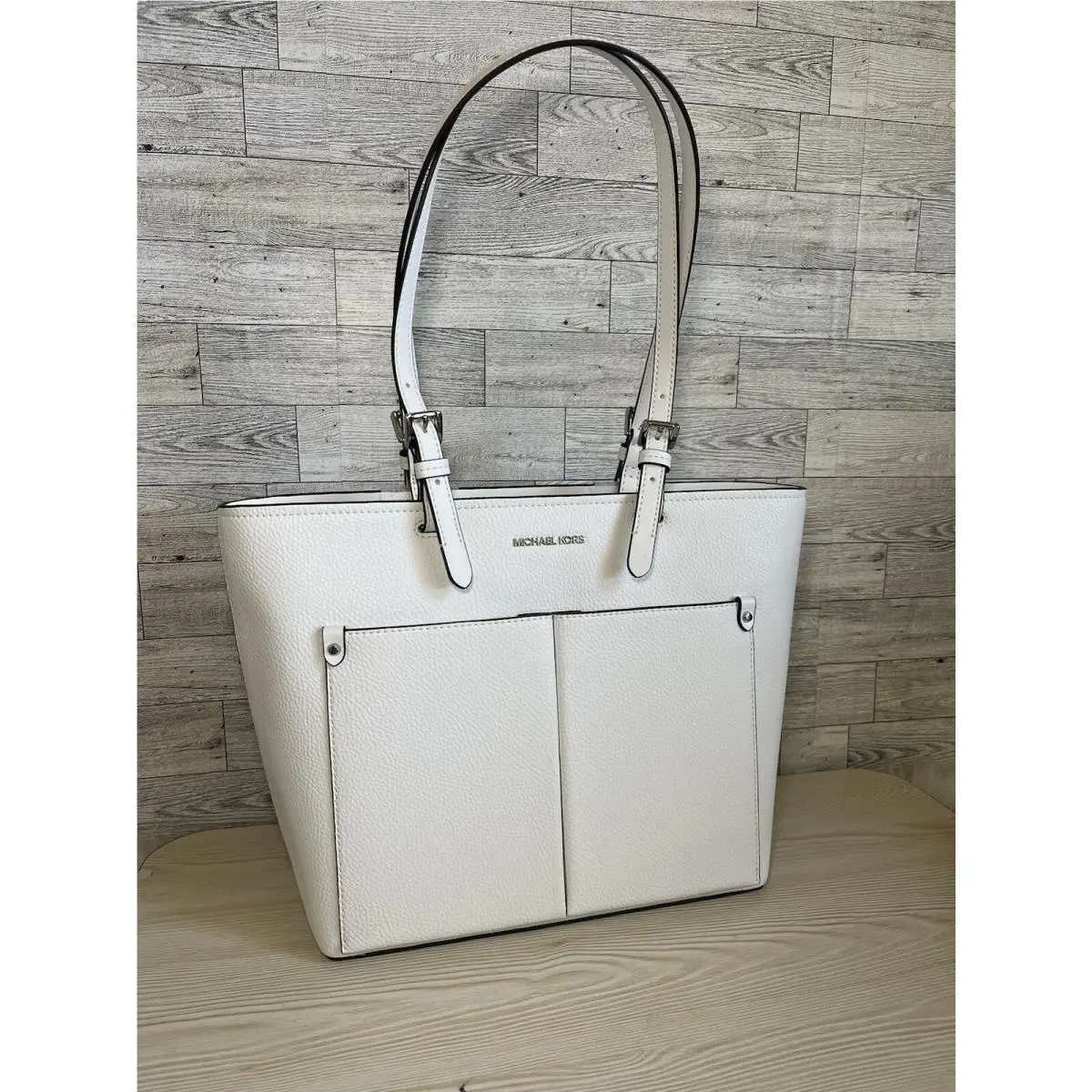 Michael Kors Jet Set Travel Medium Double Pocket Tote Optic White