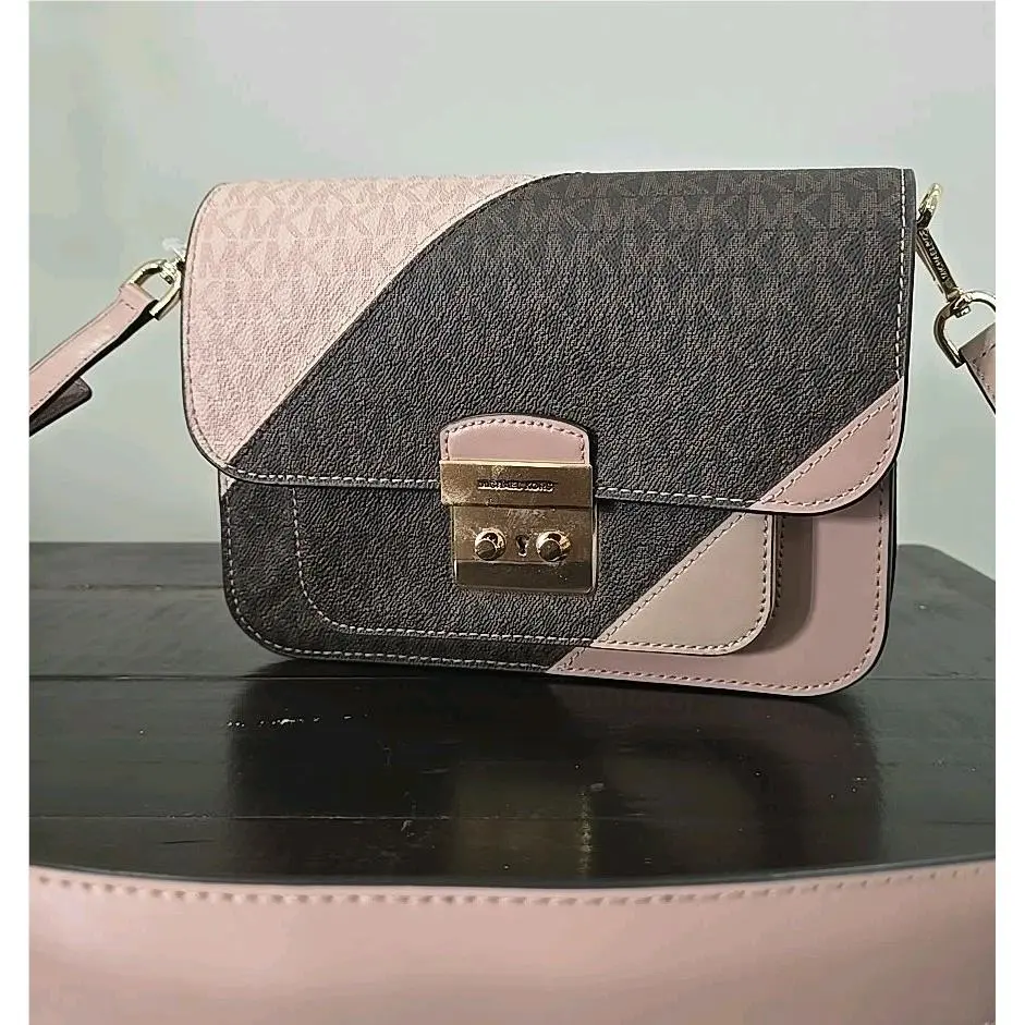 Michael Kors Sloan Editor Tricolor Signature Shoulder Bag Pink and Brown
