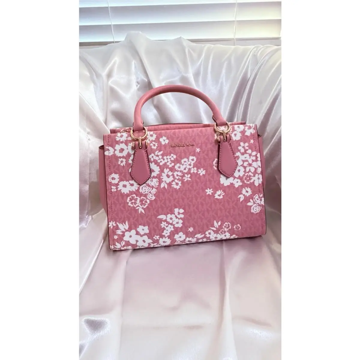 Michael Kors Marilyn Medium Signature Logo Satchel Bag Rose Pink Floral