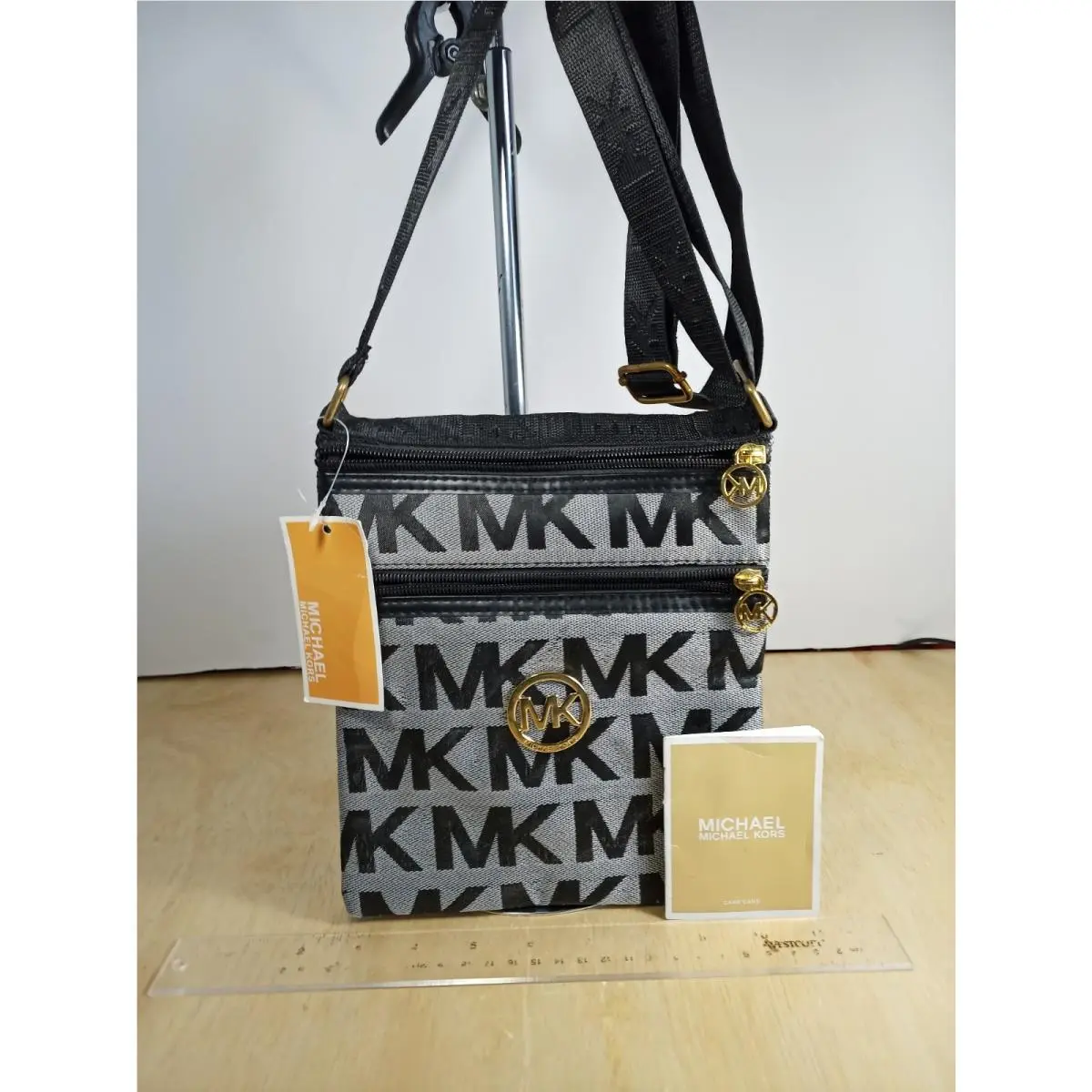 Michael Kors Signature Grey Black Crossbody Jaquard Canvas Gold Plated Hardware
