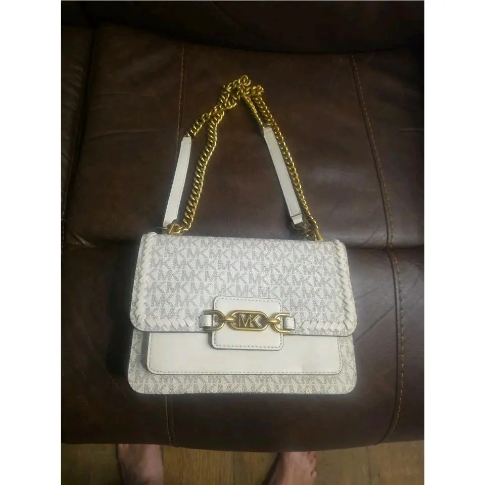 Michael Kors Logo Chain Heather Shoulder Bag White Grey Gold Women