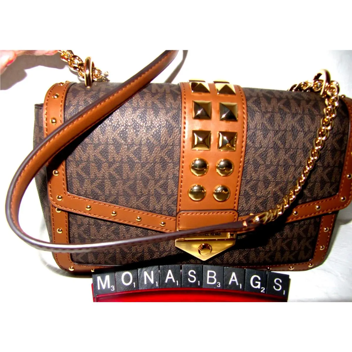 Michael Kors Soho Large Brown Gold Studded Signature Chain Shoulder Bag