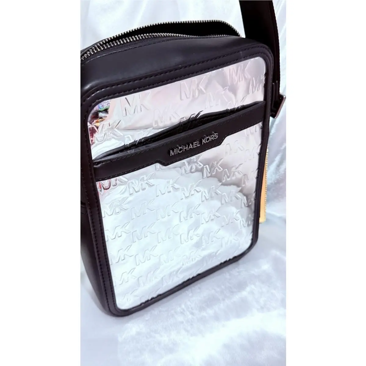 Michael Kors Men`s Cooper Signature Flight Bag Crossbody Silver Black