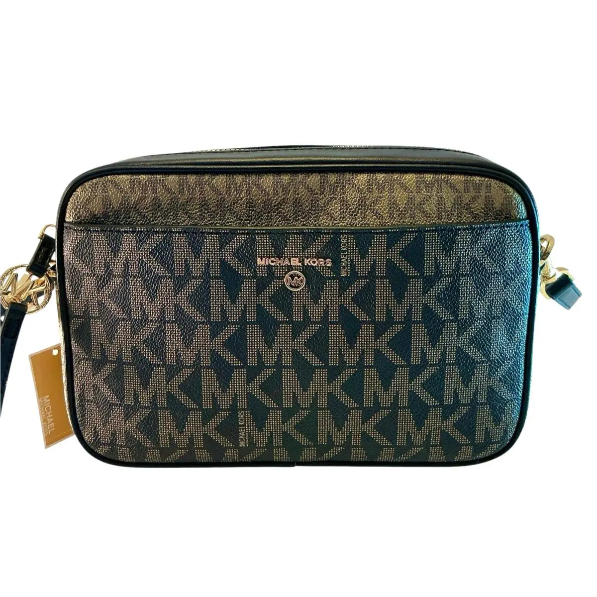 Michael Kors Jet Set Charm Camera Crossbody Bag Black/gold Logo Removable Strap