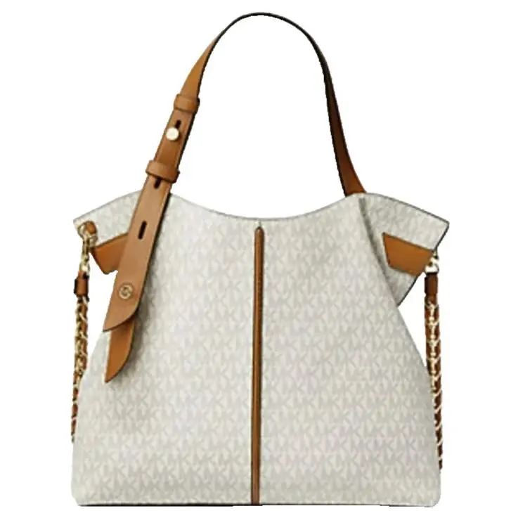 Michael Kors Downtown Astor Vanilla Logo/acorn Leather Shoulder Tote Bag