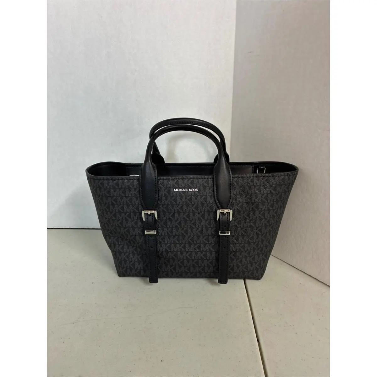 Michael Kors Moore Small Satchel Black Signature Logo Canvas Handbag