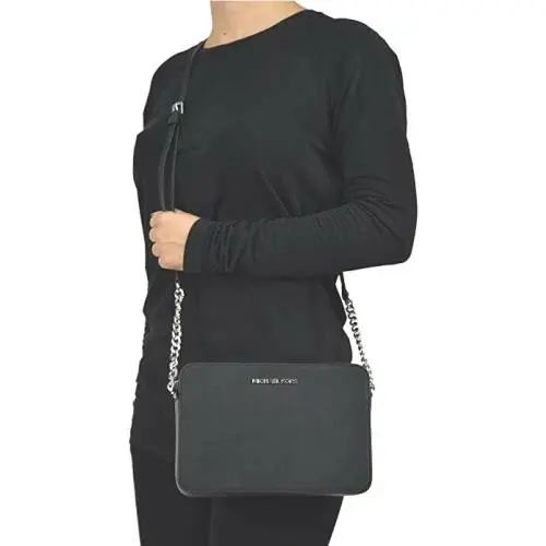 Michael Kors Lady Leather Crossbody MK Bag Purse Messenger Black Silver Handbag