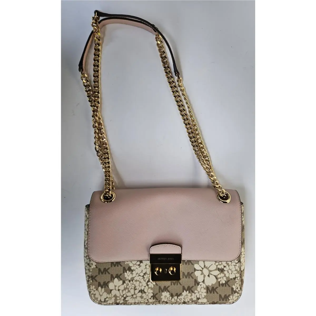 Michael Kors Brandi MK Monogram Floral Flap Bag Pink Saffiano Leather Gold Cha