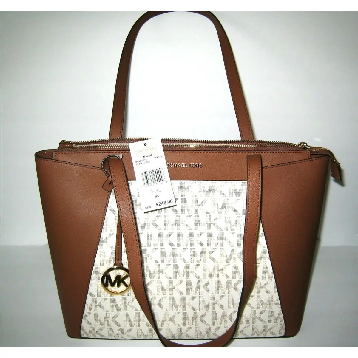 Michael Kors Maddie Med. Signature Top Zip Tote Handbag Vanilla/brown