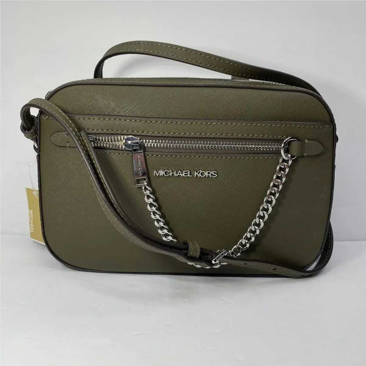 Michael Kors Crossbody Bag Womens Large Olive Jet Set Zip Chain Leather