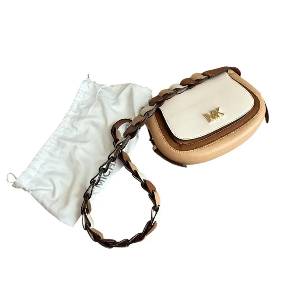 Michael Kors Jolene Saddle Bag Tan Brown Leather Crossbody Gold S6